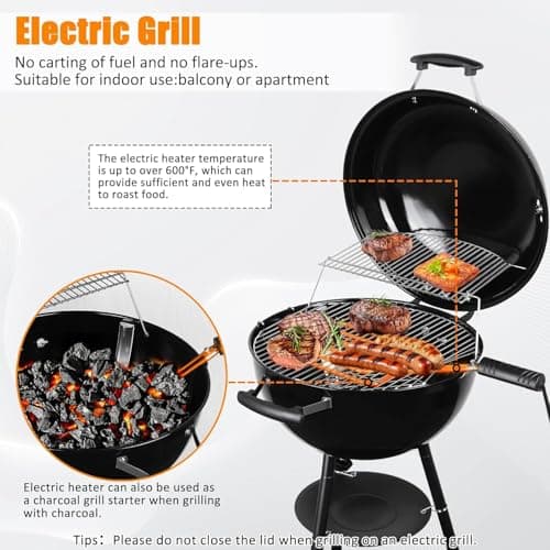 CUKOR 2 in 1 Electric Barbecue Grill，Electric & Charcoal Grill BBQ Grill Indoor Outdoor, Non-stick Porcelain-Enameled Lid and Wheels