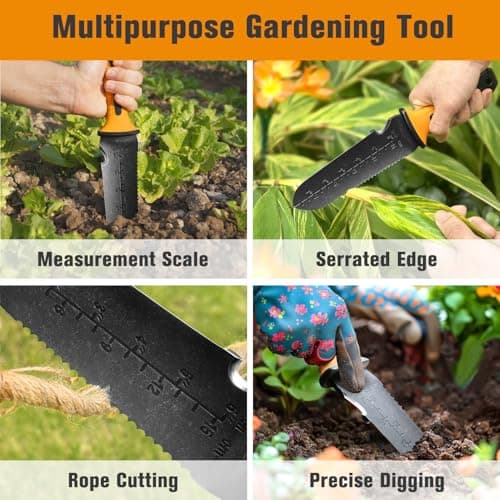 Garden Knife with Sheath, Gardening Tool, Stainless Steel Multi-Purpose Garden Supplies, Ergonomic Handle Hori Hori Knife for Digging, Weeding and Gardening, 7" Stainless Steel Blade