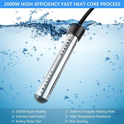 2000W Immersion Water Heater Electric, Portable Bucket Heater with 304 S S, Submersible Bathtub Pool Heater with LCD Thermometer Heats up to 5 Gallons of Water in Minutes