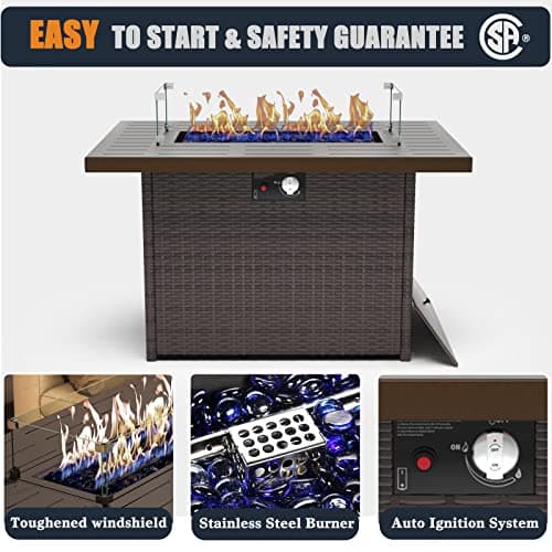 44 Inch Propane Gas Fire Pits Table for Outside Patio, 60000 BTU Rectangular Outdoor Wicker Rattan Fire Pit with Glass Wind Guard