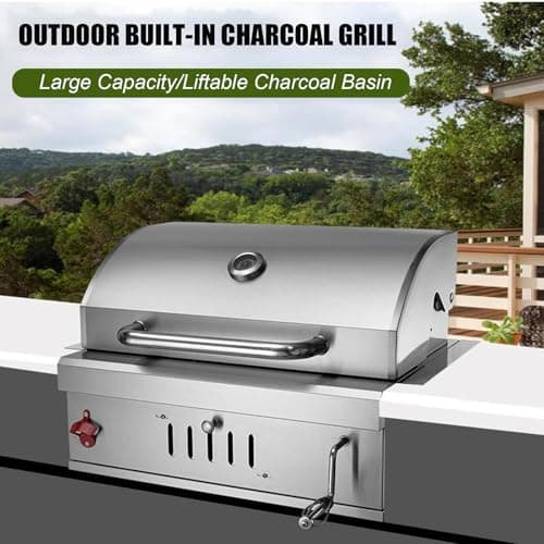 Built In Charcoal Grills Outdoor Kitchens,28-Inch Stainless Steel Charcoal bbq Grill Built In with Liftable Charcoal Tray,Insulated Hood, Temperature Gauge and Rain Fabric cover (Round Lid)