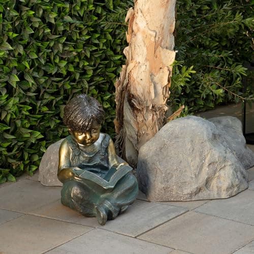 Alpine Corporation 19" Tall Indoor/Outdoor Boy Sitting Down Reading Book Statue Set Yard Art Decoration