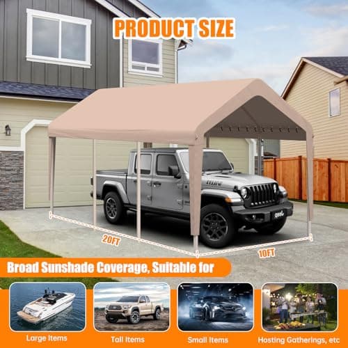 Carport Canopy 10'x20' Heavy Duty Replacement Cover, Garage Shelter Cover 800D Oxford Waterproof & UV Protected Tarp with Ball Bungees, Not Include Frame, Beige