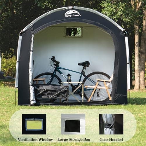 Happy Travel Bike Storage Shed Tent,Outdoor Portable Bicycle Storage Sheds with 210D Oxford Fabric PU4000 Waterproof for 2/3/4/6/8 Bikes,Bike Covers Shelter for Motorcycle,Garden Tools,Toys,Lawn Mower