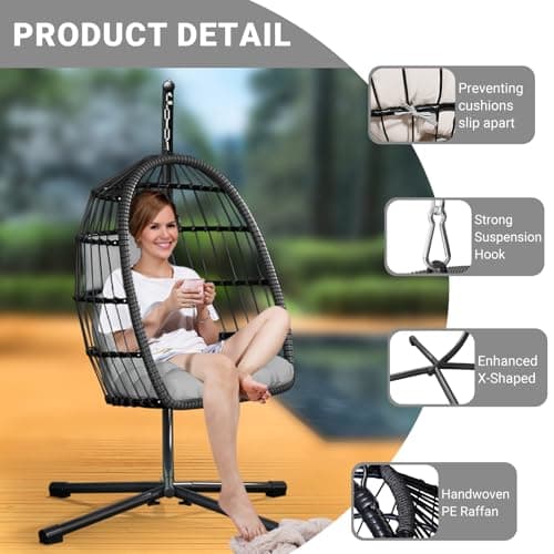 Egg Chair with Stand,Patio Rattan Wicker Hanging Swing Egg Chair Hammock Chair for Bedroom Porch Garden,Thickened Aluminum Alloy Steel Frame and UV Resistant Cushion,350LBS Capacity