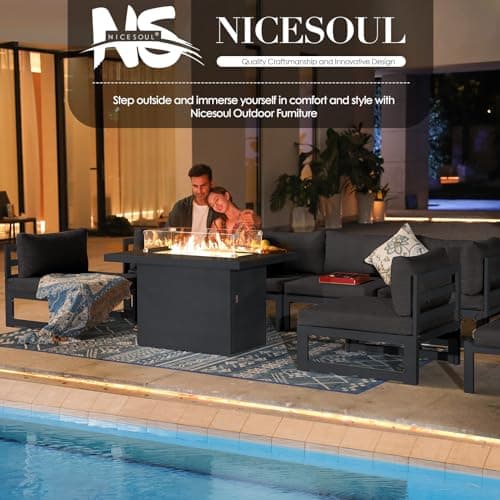 NICESOUL Modern Aluminum Outdoor Furniture Set with Propane/Gas Fire Pit, 29" Deep Seat Wide All Weather Outdoor Conversation Set, 7 Piece L-Shaped Modular Sectional Sofa for Poolside, Dark Gray