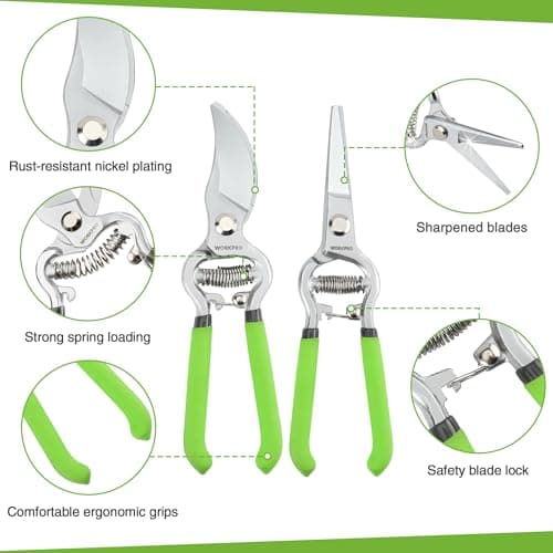 WORKPRO 2-Piece Pruning Shears and Garden Tool Belt Set, Gardening Belt with 5 Pockets and Adjustable Waist Belt, 8" Bypass Garden Shears and 8'' Handing Pruner with Steel Straight Blade