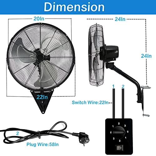 20” Wall Mount Fan 7000 CFM High Velocity Wall Industrial Fan 120° Oscillating Fans 3-Speed for Household, Commercial Use - ETL Listed, Black