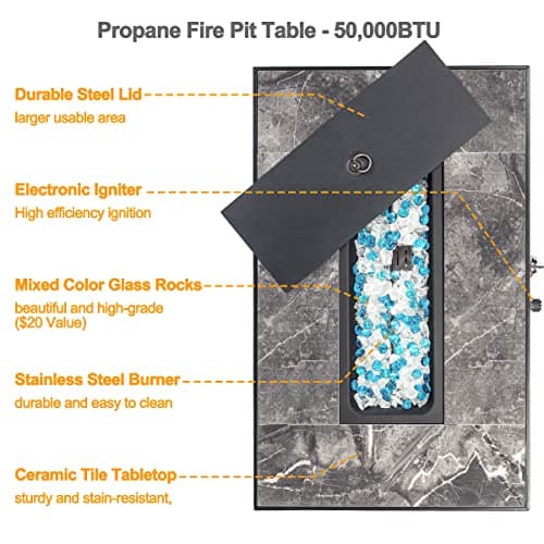 32'' Fire Pit Table with Natural Gas Conversion Kit, Marble Textured Ceramic Tabletop, 50,000 BTU Fire Table with Brown Wicker, Rectangle, Tank Required to Be Kept Outside.