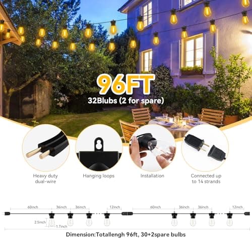 Aialun 96FT(48FTx2) LED Outdoor String Lights Outside Patio Yard Lighting Waterproof Hanging Warm Glow 2200K Shatterproof Edison Bulbs Exterior,Heavy-Duty Strand Decorative Café Porch Bistro Garden