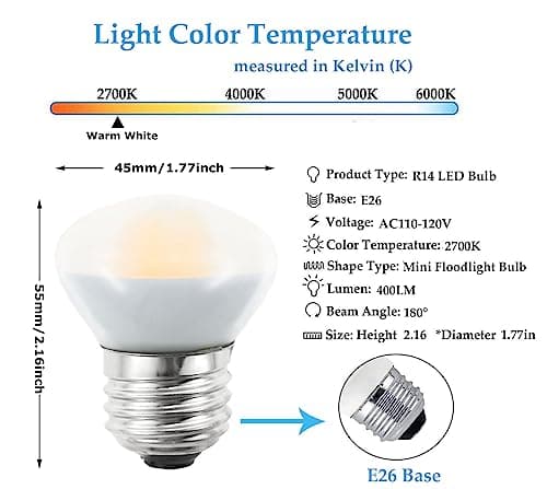 R14 LED Bulb Mini Reflector Flood Light Bulbs 4W(40W Equivalent) 2700K Warm White, Curio Cabinet Light Bulb, Non-Dimmable, E26 Base Short Light Bulbs, 4-Pack