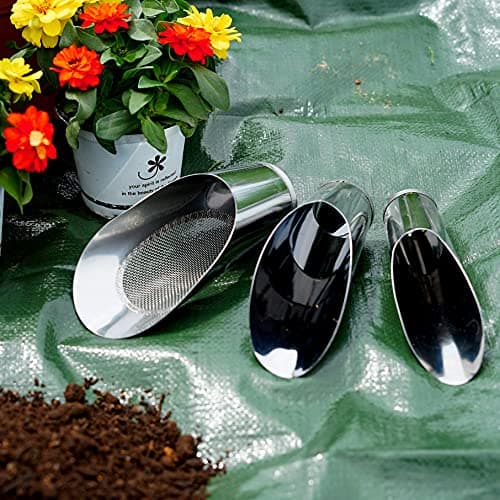 Bonsai Soil Scoop Metal 3 Pcs Set (Large with Soil Sifter, Medium, Small) Stainless Steel Garden Hand Soil Scooper, Professional Bonsai Tool Kit, Silver