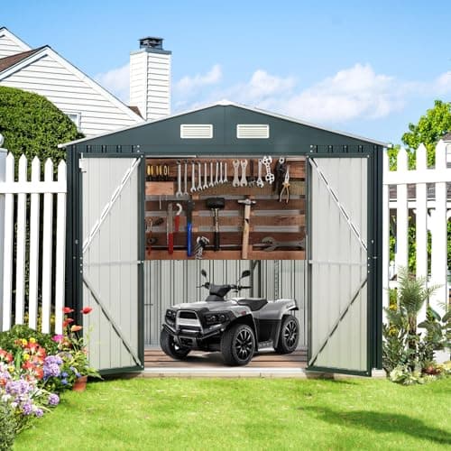 8x6FT Outdoor Steel Storage Shed with Frame Floor,Clear Window, Lockable Doors, Weather-Resistant Metal Tool Shed for Garden, Backyard, Patio, and Utility Storage