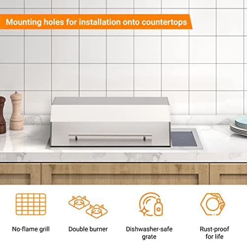 Kenyon Texan Built-In Electric Grill with Faceted Single Piece Lid and Standard Lite Touch Control, Stainless Steel Body, UL-Approved for Use Indoors and Outdoors, No-Flame Grill, 240 Volts