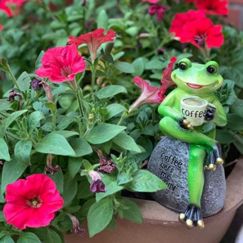 OwMell Frog Statue for Garden, Green Frog Figurine for Outdoor Decor Yard and Garden Decoration Resin Sculpture 6 Inches - Drinking Coffee
