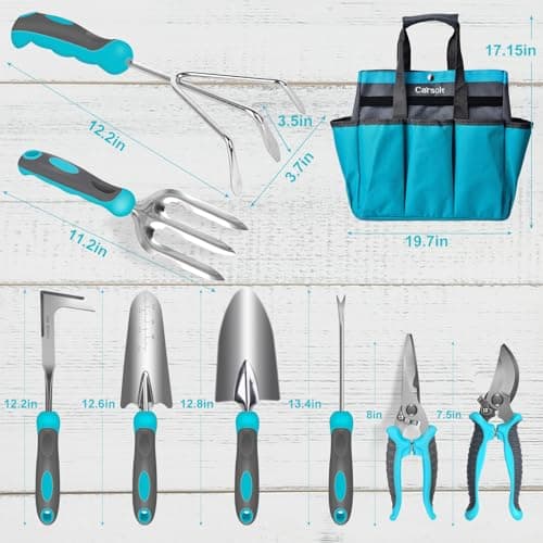 10 Piece Heavy Duty Stainless Steel Garden Tools Set with Ergonomic Rubber Handle. Variety of Gardening Hand Tools for Planting. Ideal Garden Gifts