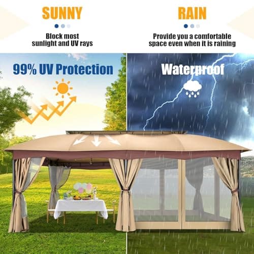 HOTEEL Gazebo 12x20, Outdoor Gazebo on Clearance with Double Ventilated Arc Roof, Privacy Curtains & Mosquito Netting, Easy Set up Canopy Tent with Stable Metal Frame for Patio, Khaki (Upgraded 2.0)