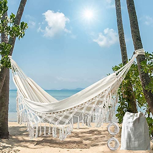 Hammock Brazilian Double Hammocks Soft Comfortable Fabric Cotton Canvas Hanging Portable Two Person Hammock Boho Fringe Large for Adults Backyard Travel