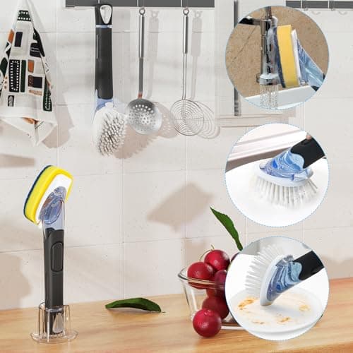 AJXX Dish Brush with Soap Dispenser Storage Set, Dish Soap Brush with 2 PCS Brush Heads & Holder, Soap Dispenser Brush with Handle, Dish Brush with Soap Dispenser, for Utensils, Pans, Sinks, Cookware