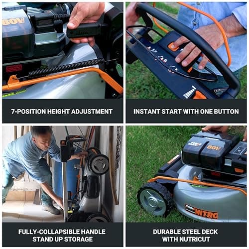 WORX Nitro 80V Cordless Lawn Mower, Electric Mower with Brushless Motor, 3-in-1 Self-Propelled Lawn Mower WG761-4 Batteries & Basecamp Charger Included
