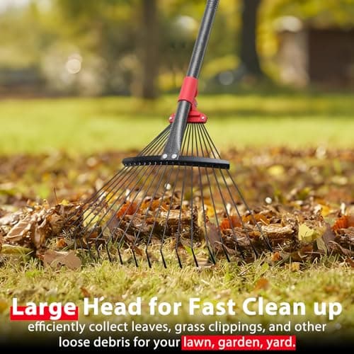 Rake, Adjustable Rake for Leaves with 9”-17” Rake Head, Rakes for Lawns Heavy Duty, 60 in Garden Rake with 18 Clog-Free Tines, Long Handle, Metal Rakes Tool for Gardening, Fast Cleanup Camping Rake