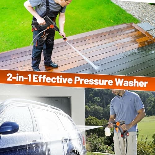 Lemolify 6000mAh Battery Pressure Washer, Electric Power Washer Cordless, Portable Car Pressure Washer Handheld with 6-in-1 Nozzle,17FT Drain Hose, Power Cleaner for Patio Floor Fence Deck,2 Battery