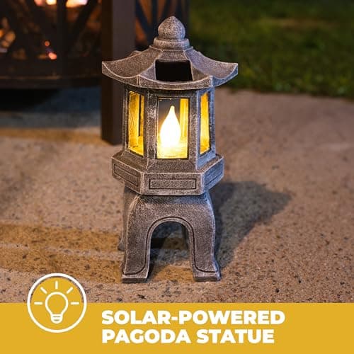 VP Home Solar-Powered Pagoda Garden Statues - Japanese Zen Lantern Outdoor Decor with Flickering LED Light - Durable Polyresin for Yard, Patio, or Garden - 12 x 7 x 6 Inches (Zen Garden Pagoda)