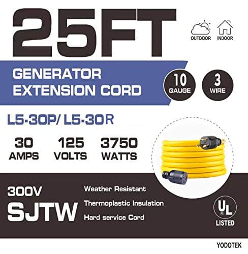 25FT Heavy Duty 3 Prong Generator Locking Power Cord NEMA L5-30P/L5-30R,10 Gauge SJTW Cable, 125V 30Amp Yellow Generator Lock Extension Cord with UL Listed