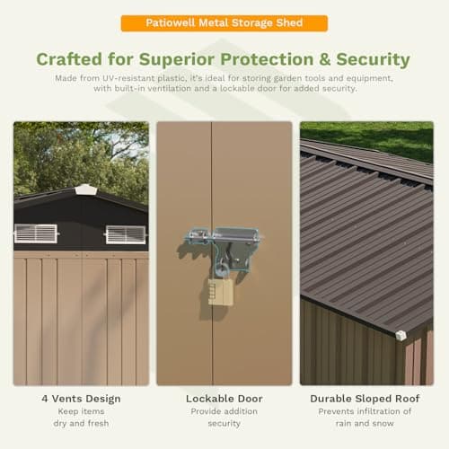 Patiowell 10 x 12 FT Metal Storage Shed for Outdoor, Steel Yard Shed with Design of Lockable Doors, Utility and Tool Storage for Garden, Backyard, Patio, Outside use,Brown