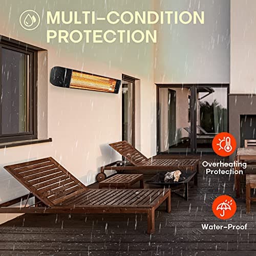 Electric Patio Heater with Remote Control - 1500W Carbon Infrared Outdoor Heaters for Patio, IP65 Waterproof, 2 Levels of Power - 120V Wall Mounted Space Heater for Bedrooms, Backyards, Garages, Black