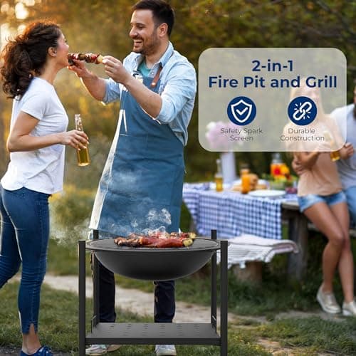 SereneLife 26" Outdoor Wood Fire Pit with BBQ Grill, Mesh Screen, and Wood Storage – Heavy-Duty Steel Frame, Heat-Resistant – Ideal for Bonfires, Camping, and Outdoor Cooking