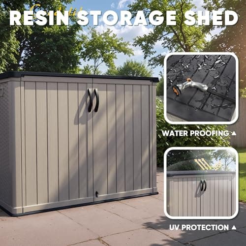 Devoko Outdoor Storage Cabinet 26 Cu Ft with Pad-Lockable Doors, Horizontal Storage Shed Waterproof Patio Tools Storage Box for Sofa Cushions, Gardening Tools and Accessories (Beige)