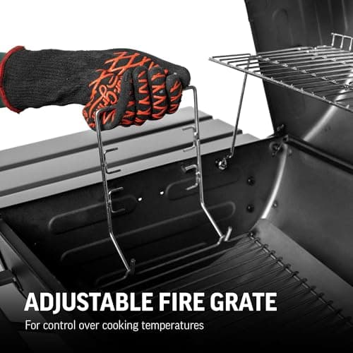 Char-Griller Pro Deluxe Charcoal Barrel Grill, EasyDump™ Ash Pan, Premium Front and Side Shelves with Utensil Hooks, 850 Square Inches of Cooking Space in Black, Model E2827