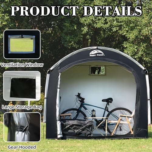 Happy Travel Bike Storage Tent Shed, Outdoor Waterproof Bicycle Covers Shelter with Window for 2/4/6/8 Bikes,Oversized Outside Portable Sheds for Lawn Mower,Garden Tools (Black)