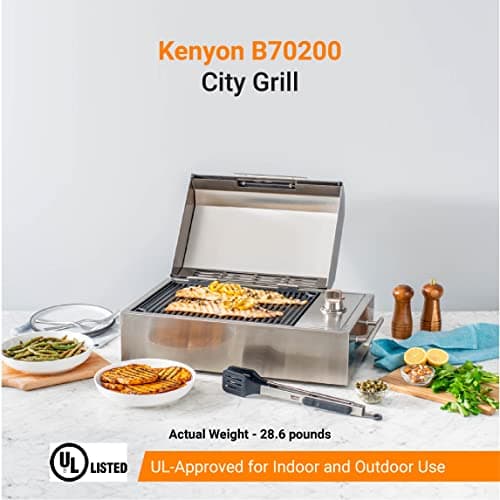 KENYON B70200 City Grill, Portable Grill, Stainless Steel, Single Burner, Knob Control, Faceted Lid, UL Approved For Use Indoors And Outdoors, Flame-Free, 120V