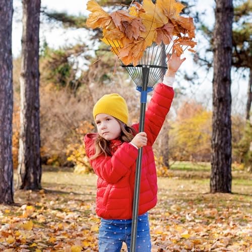 Adjustable Metal Leaf Rake Long Handle, 60 inch Garden Rakes for Lawns Heavy Duty Leaves with Expandable Head 8-17", Yard Women Kids Rake for Gardening RV Camping