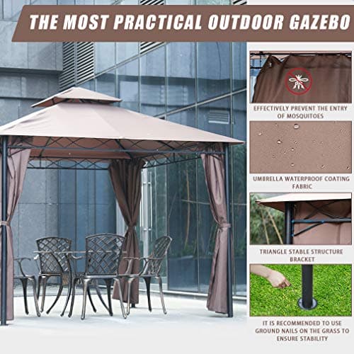 10'x10' Outdoor Patio Gazebo Heavy Duty Steel Frame Canopy with Double Roof, Privacy Curtains, for Garden, Backyard, and Lawn (Brown)