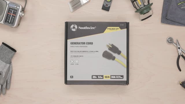 Southwire 65172840 20-Foot 30Amp Generator Cord; 10-Gauge Heavy Duty Electrical Power Cable with L14-30 Locking Plug; 125V / 250V; Yellow; Feet; Black