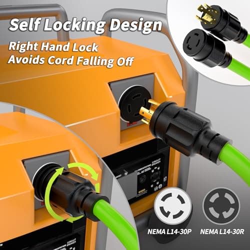 15FT 30 Amp Generator Extension Cord 4 Prong, NEMA L14-30P/L14-30R 10 Gauge STW 125/250V Twist Lock Generator Cord Heavy Duty, Green ETL Listed