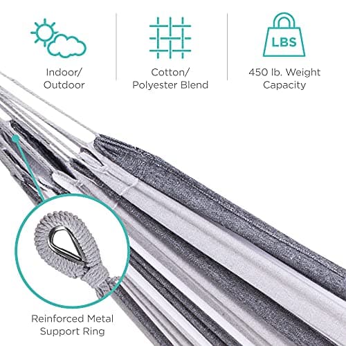 Best Choice Products Double Hammock with Steel Stand, Indoor Outdoor Brazilian-Style Cotton Bed w/Carrying Bag, 2-Person Capacity - Steel