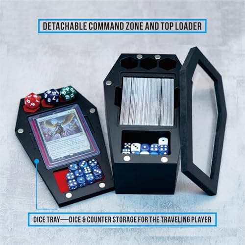 Card Deck Box with Dice Tray, Glass Casket Deck Box Compatible with MTG, TCG and Sports Cards, Handcrafted Wooden Deck Holder for EDH Commander Deck, Detachable Command Zone and Top Loader