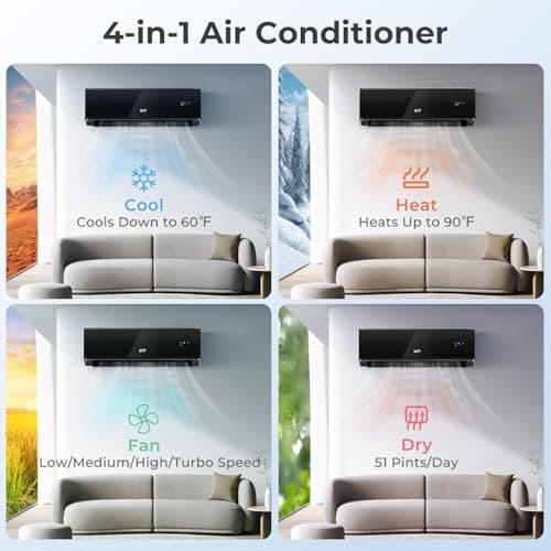 COSTWAY 12000 BTU Wifi Enabled Mini Split Air Conditioner & Heater, 22 SEER2 208-230V Inverter AC Unit Cools up to 750 Sq. Ft, Energy Efficient, Heat Pump (Black, 12000BTU, 208-230V, 22 SEER2-WIFI)