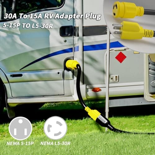 3 Prong 15 Amp to 30 Amp RV Generator Adapter Cord, NEMA 5-15 Male Plug to NEMA L5-30 Female Plug, 12 Inch(1 FT) 10 Gauge STW Heavy Duty Power Cord, Max 15A 125V 1875W, Yellow, ETL Listed