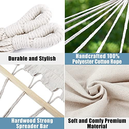 Double White Natural Canvas Handmade Hammock Beautiful Boho Style, Brazilian Deluxe Hammock Bed of Indoor Bedroom or Outdoor Tree, Patio, Porch, Yard, Beach for Camping, Hiking, Travel, Decor