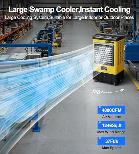 4800CFM Swamp Cooler,42IN Evaporative Air Cooler with Continuous Auto Fill,10.6-Gal Water Tank,3 Ice Packs,Portable Evaporative Cooler for Outdoor Patio Garage Commercial Industrial Use