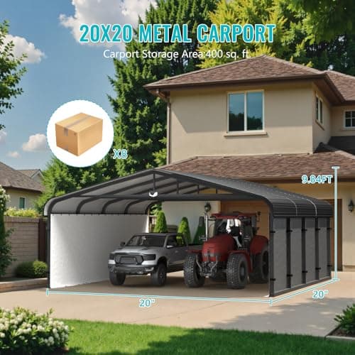 Metal Carport,Car Ports 20x20 Heavy Duty Metal for Snow,Car Tent Garage with Galvanized Metal Roof,Outdoor Two Car Carport All Weather with 2 PE Sidewalls