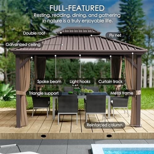 Kozyard Caesar 10'x12' Hardtop Gazebo - Permanent Metal Pavilion with Netting Shaded Curtains for Patio, Backyard, and Deck - Galvanized Steel Outdoor Aluminum Canopy, Double Roof Gazebo (Dark Brown)