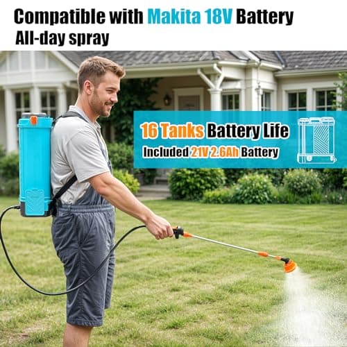 Battery Powered Backpack Sprayer 4 Gallon, 0-100 PSI Adjustable Pressure Sprayer Compatible with Makita 18V Battery, Electric Sprayer with Wand, 5 Nozzles, 2.6Ah Battery&Charger Included