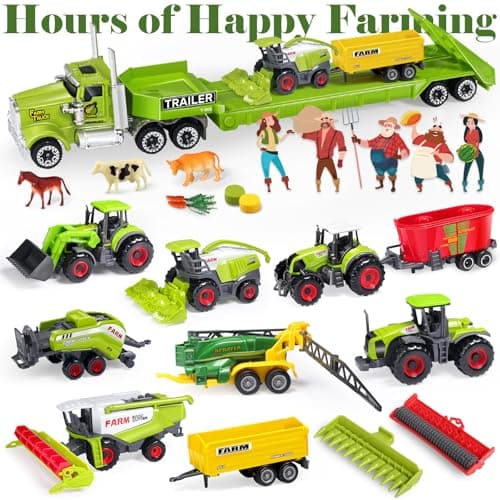 Oriate Kids Farm Toys Realistic Tractor Vehicle Playset, Diecast Car Set Educational Mini Farm Animals with Flatbed Trailer, Birthday Gift for Children 3 Year Old