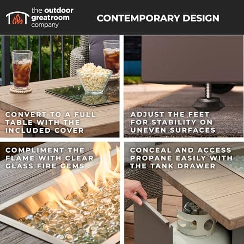 Outdoor GreatRoom Co Propane Fire Pit Table 62" Havenwood 80,000 BTU Luxury Gas Fire Pits for Outside Patio, Everblend Concrete Fire Table Top, Crystal Fire Plus Burner & Glass Cover, US Safety Rated